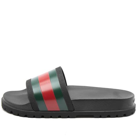 gucci web slide sandal on feet|gucci rubber pursuit g slides.